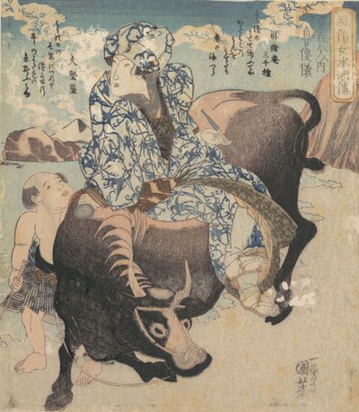 روشونجي الصينية ، لو تشوني في دور امرأة تركب الأنابيب على جاموس. بواسطة Utagawa Kuniyoshi