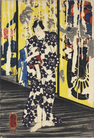 ورقة من طباعة ثلاثية الألوان على شكل كتل خشبية ملونة بعنوان Imayo Teru-uji furudera no kozu (Teruuji حديثة في صورة قديمة في معبد قديم) ، تصور مشهدًا في معبد مدمر بضوء القمر مع فوسوما ممزق ومقشر ، مع Teru- يوجي عرض منشفة ل بواسطة Utagawa Kuniyoshi