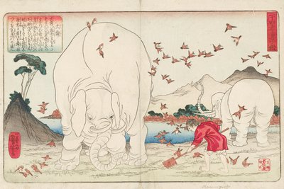 تايشون عزق حقلًا بمساعدة الأفيال وسرب من العصافير ، وقع Ichiyusai Kuniyoshi ga ، حوالي عام 1843 (طباعة خشبية ملونة) بواسطة Utagawa Kuniyoshi