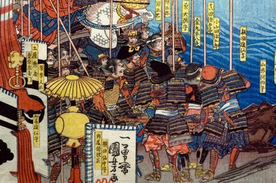 Takeda Shingen Chrushes the Forces of Suwa Yorishige (Takeda Shingen Suwa Yorishige no jinchū o uchi-kuzusu zu) ، حوالي 1850-1851 بواسطة Utagawa Kuniyoshi