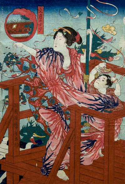 مهرجان النجوم للشهر السابع (Fumizuki no tanabata) سلسلة بدون عنوان من النساء مع الأطفال في الاثني عشر شهرًا ، حوالي 1836 بواسطة Utagawa Kuniyoshi