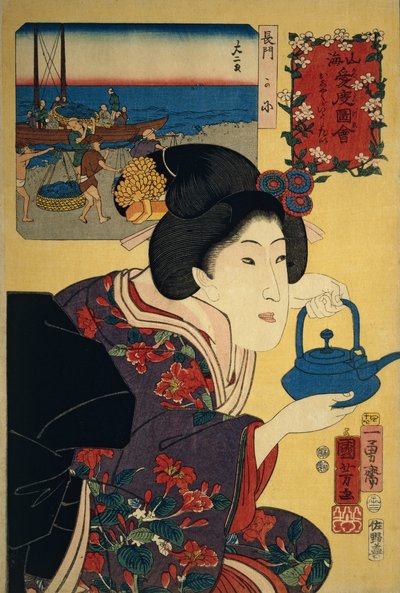 نادلة مع غلاية ساكي ، مع صور شاطئ ناجاتو في الخلفية بواسطة Utagawa Kuniyoshi