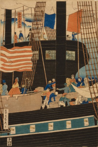 التجار الغربيون يقومون بتحميل البضائع في يوكوهاما ، 1861 بواسطة أوتاغاوا ساداهيدي