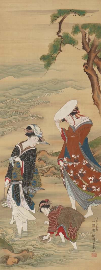 امرأتان وفتاة على شاطئ البحر ، 1735-1814. بواسطة أوتاغاوا تويوهارو