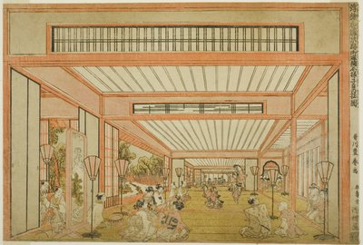 مناظر لغرف الاستقبال في اليابان - الترفيه في يوم الفأر على الطراز الحديث (Uki-e wakoku keiseki ozashiki imayo ne no hi no asobi no zu) بواسطة أوتاغاوا تويوهارو