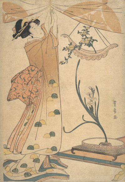 امرأة تربط ستارة ، تنسيق زهور من الأقحوان في هكتار على شكل قارب ... ، كاليفورنيا. 1805. بواسطة أوتاغاوا تويوهيرو