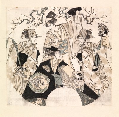 ممثلون يؤدون رقصة مسرحية للأوناغاتا الأربعة، حوالي 1800-05 (نقش خشبي ملون) بواسطة أوتاغاوا تويوكوني