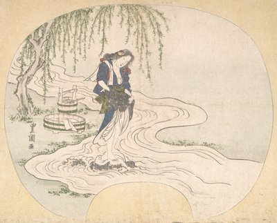 امرأة تقف على صخرة في مجرى مائي تغسل الملابس ، كاليفورنيا. 1828. بواسطة أوتاغاوا تويوكوني الثاني
