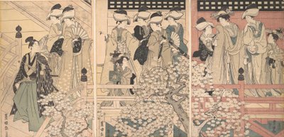 الجمال على الشرفة بين أزهار الكرز التي يغادر منها الساموراي ، كاليفورنيا. 1800. بواسطة أوتاغاوا تويوكوني الأول