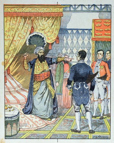 داي الجزائر ، حسين بن الحسين يضرب السفير الفرنسي م. ديفال بمروحة ، 27 أبريل 1827 ، غلاف كتاب مدرسي ، 1891 بواسطة فيكتور أرمان بوارسون