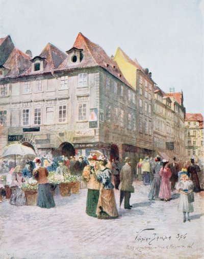 Havelska Ulice and Melantrichova Ulice ، براغ ، رسم توضيحي من &39;Stara Praha (Old Prague)&39; ، c.1900 بواسطة فاتسلاف جانسا