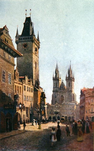منظر لـ Staromestsky Rynk مع مجلس المدينة وكنيسة السيدة العذراء قبل Tyn ، من "Stara Praha" (براغ القديمة) حوالي عام 1900 (ليثو ملون) بواسطة فاتسلاف جانسا