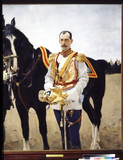 صورة لدوق روسيا الأكبر بول ألكساندروفيتش (1860-1919). (صورة لدوق روسيا الأكبر بول الكسندروفيتش). يرتدي زي ضابط في سلاح الفرسان في الجيش الروسي الإمبراطوري بالقرب من حصانه. لوحة فالنتين الكسندروفيتش سيروف ( بواسطة فالنتين ألكسندروفيتش سيروف