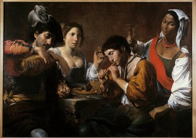 لقاء في ملهى ليلي رسمه فالنتين دي بولوني (1591-1632) شمس القرن السابع عشر. 0،96x1،33 م بواسطة فالنتين دي بولوني