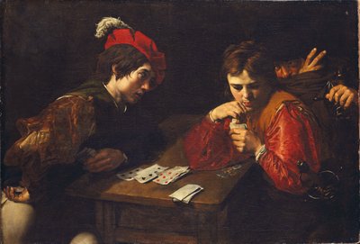 ذا كاردشاربس ، بقلم فالنتين دي بولون (1591-1632). زيت على قماش ، ج. 1615. الأبعاد: 94.5x137 سم. مجموعات فنون ولاية دريسدن بواسطة فالنتين دي بولوني
