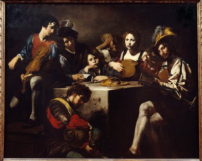 حفل الإغاثة المنخفضة. اجتمع الموسيقيون حول مذبح منحوت. لوحة فالنتين دي بولوني (1591-1632). خافت. 1.73 × 2،14 م. بواسطة فالنتين دي بولوني