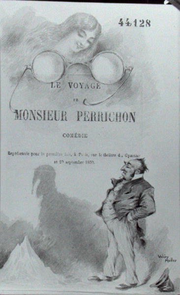 نشرت الصفحة الأولى من 'Le Voyage de Monsieur Perrichon' بقلم يوجين لابيش (1815-88) ج. 1860-1865 (ألوان مائية على ورق) (صورة بالأبيض والأسود) بواسطة فاليري مولر