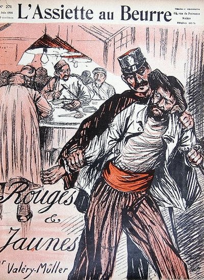 "Reds and Yellows" ، الغلاف الأمامي من "L'Assiette au beurre" ، يونيو 1906 (لون ليثو) بواسطة فاليري مولر