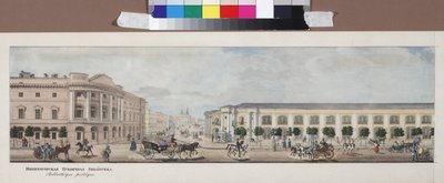 La bibliotheque publique Imperiale (بانوراما دي لا منظور نيفسكي) - المكتبة العامة الإمبراطورية (من بانوراما شارع نيفسكي بروسبكت) بقلم سادوفنيكوف ، فاسيلي سيميونوفيتش (1800-1879). طباعة حجرية ، ألوان مائية بواسطة فاسيلي سيمينوفيتش سادوفنيكوف