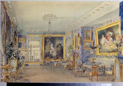 غرفة المعيشة في Manor House Verki. عمل فاسيلي سيميونوفيتش سادوفنيكوف (1800-1879) ، لوحة مائية على ورق بواسطة فاسيلي سيمينوفيتش سادوفنيكوف