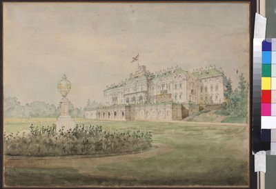 Le palais Constantin a Strelna، pres de Saint Petersbourg - منظر لقصر قسطنطين في ستريلنا بالقرب من سانت بطرسبرغ ، بقلم سادوفنيكوف ، فاسيلي سيميونوفيتش (1800-1879). لوحة مائية على ورق بواسطة فاسيلي سيمينوفيتش سادوفنيكوف
