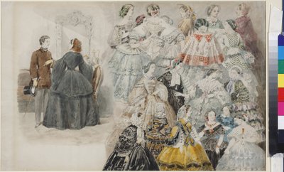 الوضع الأنثوي - أزياء السيدات ، بقلم سادوفنيكوف ، فاسيلي سيميونوفيتش (1800-1879). لوحة مائية على الورق ، نهاية أربعينيات القرن التاسع عشر. متحف الدولة لتاريخ سانت بطرسبرغ بواسطة فاسيلي سيمينوفيتش سادوفنيكوف