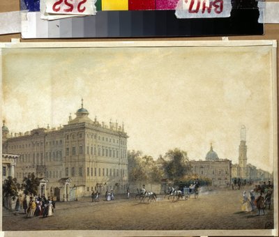 القديس بطرسبرج. قصر أنيشكوف. (سانت بطرسبرغ. قصر أنيشكوف). عمل فاسيلي سيميونوفيتش سادوفنيكوف (1800-1879) ، لوحة مائية على ورق ، حوالي 1830. الفن الروسي بواسطة فاسيلي سيمينوفيتش سادوفنيكوف
