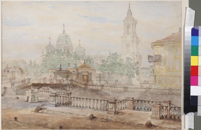 جسر فوزنيسينسكي فوق قناة كاثرين ، بقلم سادوفنيكوف ، فاسيلي سيميونوفيتش (1800-1879). لوحة مائية على ورق بواسطة فاسيلي سيمينوفيتش سادوفنيكوف