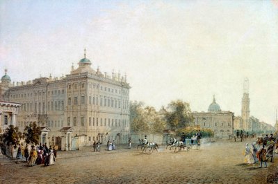 منظر لمنظور نيفسكي (نيفسكي) في سانت بطرسبرغ عام 1830. لوحة مائية روسية بقلم فاسيلي سادوفنيكوف (1800-1879) 1830 سانت بطرسبرغ. مكتبة الارميتاج بواسطة فاسيلي سيمينوفيتش سادوفنيكوف
