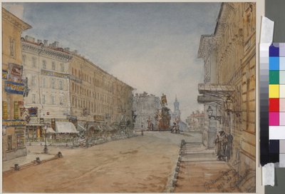 فوزنيسينسكي بروسبكت في سانت بطرسبرغ ، بقلم سادوفنيكوف ، فاسيلي سيميونوفيتش (1800-1879). لوحة مائية على ورق بواسطة فاسيلي سيمينوفيتش سادوفنيكوف