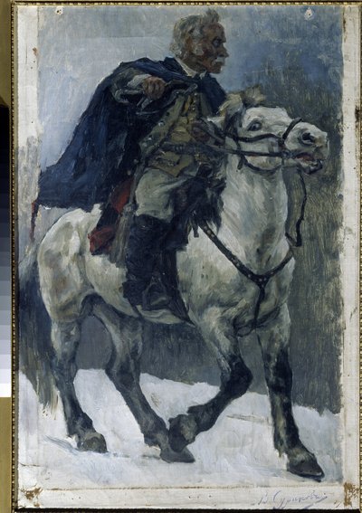 الكسندر سوفوروف (1729-1800) على ظهور الخيل. (الكسندر سوفوروف على ظهور الخيل). يوصف البطل الروسي وهو يعبر جبال الألب ، على رأس القوات الروسية ، خلال الحملة الإيطالية (1799-1800). لوحة لفاسيلي إيفانوفيتش سوريكوف (فاسيلي سوريك بواسطة فاسيليج إيفانوفيتش سوريكوف
