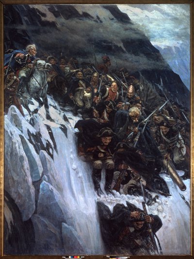 الحملة الإيطالية (1799-1800): مسيرة ألكسندر سوفوروف (Suwarow أو Souwarow Rimniski أو Rimnitskoi) (1729-1800) والقوات الروسية عبر جبال الألب في 1799 - مسيرة سوفوروف عبر جبال الألب عام 1799 - رسم فاسيلي إيفانوفيتش سوريكوف بواسطة فاسيليج إيفانوفيتش سوريكوف
