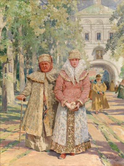 خارج بوابة الدير - لوحة لفاسيلي إيفانوفيتش نافوزوف (1862-1919) ، زيت على قماش (49 × 41.5 سم) بواسطة فاسيلي إيفانوفيتش نافوزوف