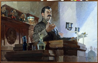 جوزيف ستالين (ستالين) (جوزيف فيساريونوفيتش دجوجاشفيلي ديت) (1879-1953) أعاد تعريف الدستور السوفييتي (دستور ستالين) خلال المؤتمر الاستثنائي الثامن للسوفييت في 5 ديسمبر 1936. نرى فياتشيسلاف مولوتوف (1890-1986) على د. بواسطة فاسيلي سيميونوفيتش سفاروج