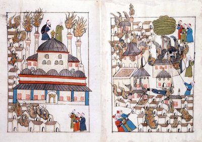 حريق في القسطنطينية عام 1660. صورة مصغرة من "" النصب التذكارية التركية "(مجلد Cicogna 1971" Memorie Turchesche ") لوحة مائية من مدرسة البندقية في القرن السابع عشر. بواسطة مدرسة البندقية