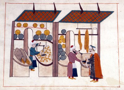 تاجر فواكه وخضروات (أربعة مواسم) في القسطنطينية بتركيا تحت حكم الإمبراطورية العثمانية. صورة مصغرة من "" النصب التذكارية التركية "(مجلد مخطوطة Cicogna 1971" Memorie Turchesche ") لوحة مائية من مدرسة البندقية في القرن السابع عشر. بواسطة مدرسة البندقية