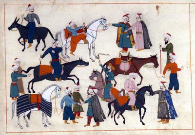 سوق خيول في تركيا في عهد الدولة العثمانية. صورة مصغرة من "" النصب التذكارية التركية "(مجلد مخطوطة Cicogna 1971" Memorie Turchesche ") لوحة مائية من مدرسة البندقية في القرن السابع عشر. بواسطة مدرسة البندقية