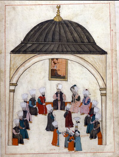 الإدارة في ظل الدولة العثمانية: جلسة استماع يرأسها الوزير الأعظم. صورة مصغرة من "" النصب التذكارية التركية "(مجلد مخطوطة Cicogna 1971" Memorie Turchesche ") لوحة مائية من مدرسة البندقية في القرن السابع عشر. بواسطة مدرسة البندقية