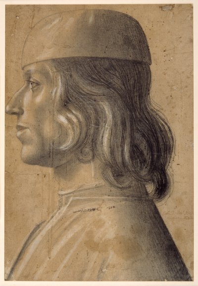 Bust-length portrait of a man in profile to left, wearing a cap بواسطة مدرسة البندقية