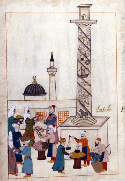 القسطنطينية. البازار (أو يمشي) بالقرب من المسلة. صورة مصغرة من "" النصب التذكارية التركية "(مجلد مخطوطة Cicogna 1971" Memorie Turchesche ") لوحة مائية من مدرسة البندقية في القرن السابع عشر. بواسطة مدرسة البندقية