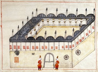 منظر من الخارج لقافلة في أندرينوبل (أدرنة الآن) في تركيا تحت حكم الإمبراطورية العثمانية. صورة مصغرة من "" النصب التذكارية التركية "(مجلد مخطوطة Cicogna 1971" Memorie Turchesche ") لوحة مائية من مدرسة البندقية في القرن السابع عشر. بواسطة مدرسة البندقية