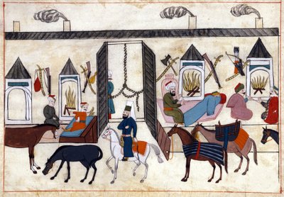 منظر من الداخل لقافلة في تركيا تحت حكم الإمبراطورية العثمانية. صورة مصغرة من "" النصب التذكارية التركية "(مجلد Cicogna 1971" Memorie Turchesche ") لوحة مائية من مدرسة البندقية في القرن السابع عشر. بواسطة مدرسة البندقية