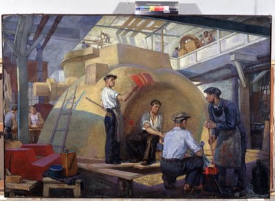 بناء نموذجي (بناء نموذجي). لوحة للفينيامين بافلوفيتش بلكين (1884-1951) ، زيت على قماش ، حوالي عام 1930. الفن الروسي ، القرن العشرين. الدعاية السوفيتية. متحف إم فروبيل للفنون الإقليمي ، أومسك (روسيا) بواسطة فينيامين بافلوفيتش بلكين