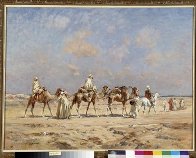 قافلة في الصحراء لوحة بقلم بيير فيكتور هوغيت (1835-1902) إشارة إلزامية: مجموعة فونداسيون ديبروفانس ، مرسيليا بواسطة فيكتور بيير هوجيت