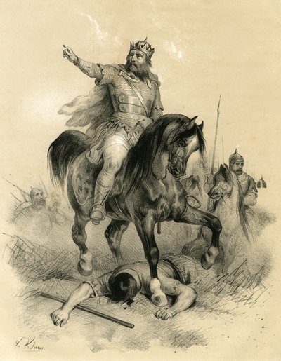 أتيلا (ت. 395-453) القائد الوحيد للهون في عام 445، الذي دمر إمبراطوريات الشرق والغرب - الغزوات البربرية - نقش لفيكتور آدم (1801-1866) في كتاب "فرنسا في العصور الوسطى" الذي نشره الأخوان أردانت في منتصف بواسطة فيكتور آدم