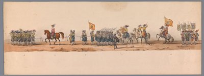 موكب تاريخي في الذكرى المئوية الثانية لجامعة أوترخت ، 1836 (اللوحة 7) مسيرة الجيش الهولندي إلى أوستند ، 3 يوليو 1600 ، في اليوم التالي للانتصار في Nieuwpoort ؛ وفقًا للأداء المليء بالملابس الذي قدمه H H Student بواسطة شركة Caramelli and Co.