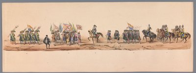 موكب تاريخي في الذكرى المئوية الثانية لجامعة أوترخت ، 1836 (اللوحة 9) مسيرة الجيش الهولندي إلى أوستند ، 3 يوليو 1600 ، في اليوم التالي للانتصار في Nieuwpoort ؛ وفقًا للأداء المليء بالملابس الذي قدمه H H Student بواسطة شركة Caramelli and Co.