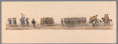 موكب تاريخي في الذكرى المئوية الثانية لجامعة أوترخت ، 1836 (اللوحة 4) مسيرة الجيش الهولندي إلى أوستند ، 3 يوليو 1600 ، في اليوم التالي للانتصار في Nieuwpoort ؛ وفقًا للأداء المليء بالملابس الذي قدمه H H Student بواسطة جوزيف روز ليميرسيه