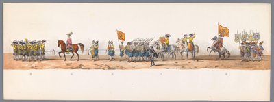 موكب تاريخي في الذكرى المئوية الثانية لجامعة أوترخت ، 1836 (اللوحة 7) مسيرة الجيش الهولندي إلى أوستند ، 3 يوليو 1600 ، في اليوم التالي للانتصار في Nieuwpoort ؛ وفقًا للأداء المليء بالملابس الذي قدمه H H Student بواسطة شركة Caramelli and Co.