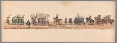 موكب تاريخي في الذكرى المئوية الثانية لجامعة أوترخت ، 1836 (اللوحة 9) مسيرة الجيش الهولندي إلى أوستند ، 3 يوليو 1600 ، في اليوم التالي للانتصار في Nieuwpoort ؛ وفقًا للأداء المليء بالملابس الذي قدمه H H Student بواسطة شركة Caramelli and Co.